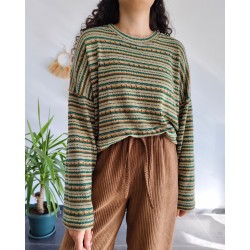 RETRO YEŞİL ÇİZGİLİ OVERSİZE TRİKO BLUZ 