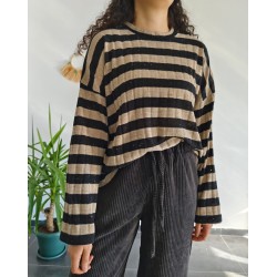 RETRO SİYAH ÇİZGİLİ OVERSİZE TRİKO BLUZ 